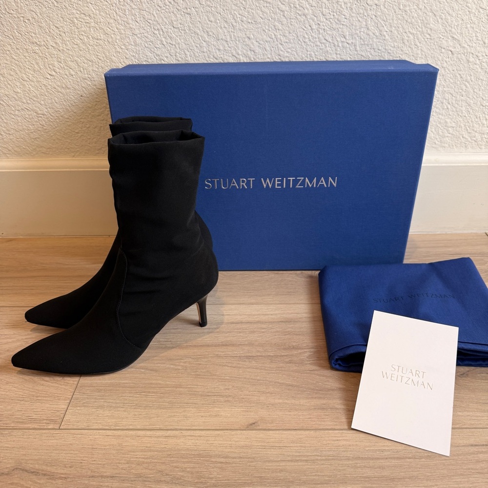 Stuart Weitzman Black Pointed-Toe Mid-Kittten Heel Sock Boots